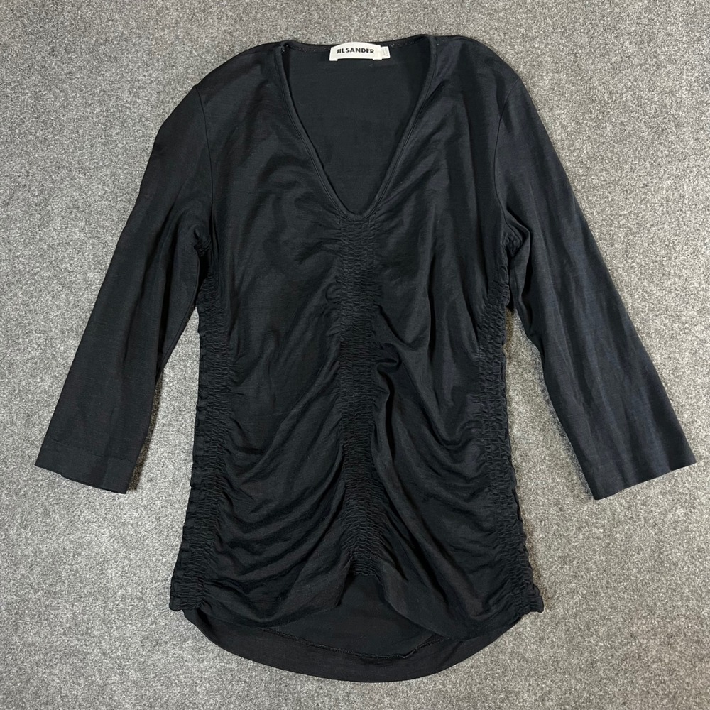 Jil Sander Black Cotton Silk Ruched V-Neck 3/4 Sleeve Top Made in Italy